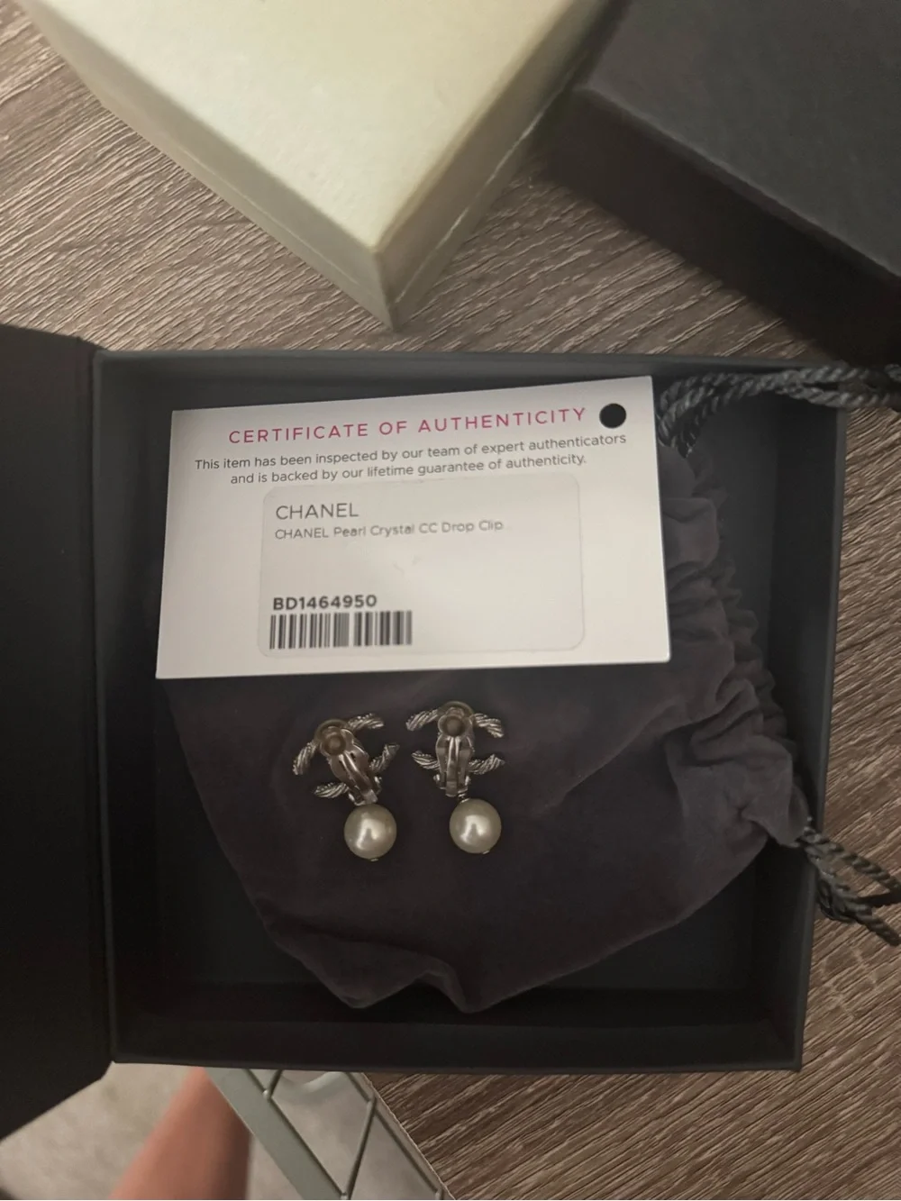 CHANEL Silver-Tone Crystal CC Logo Earrings with Cream Pearl Drops